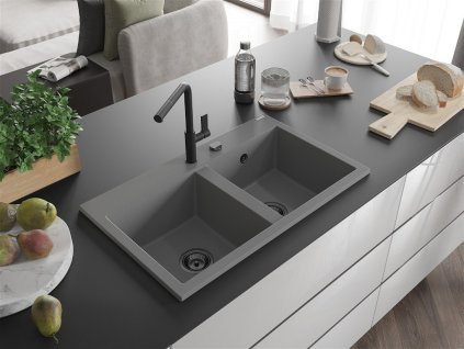 MEXEN/S - Hektor granitový dřez 2-bowl 800 x 480 mm, šedá, černý sifon 6521802000-71-B
