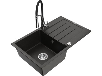MEXEN/S - Bruno granitový dřez s odkapávačem včetně baterie Aster, černá/zlatá metalik 6513-75-73450-07