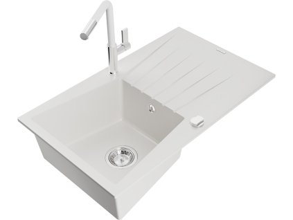 MEXEN/S - Cesar granitový dřez 1-miska s odkapávačem včetně baterie Flora, bílá 6514-20-670401-02