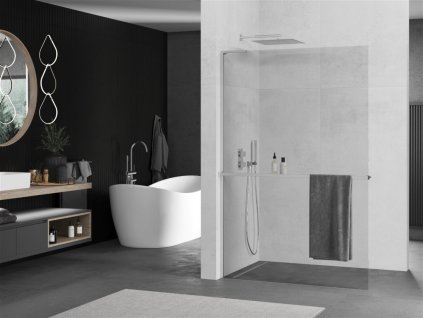 MEXEN/S - Kioto+ L Sprchová zástěna WALK-IN s poličkou a držákem ručníků 80 x 200 cm, transparent, chrom 800-080-123-01-00