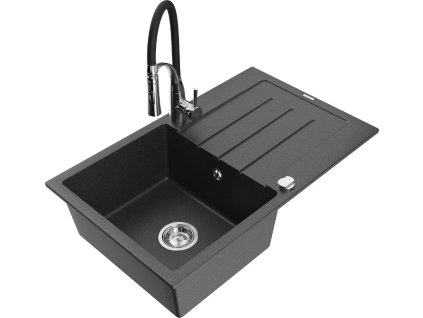 MEXEN/S - Bruno granitový dřez s odkapávačem včetně baterie Aster, černá kropenatá 6513-76-73450-07