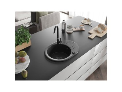 MEXEN/S - Kevin granitový dřez 1 s odkapávačem 586 x 458 mm, černá/stříbrný metalik, + černý sifon 6517581005-73-B