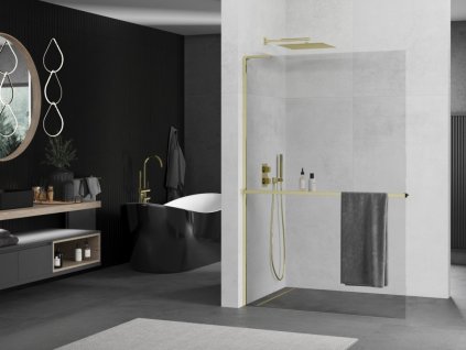 MEXEN/S - Kioto+ L Sprchová zástěna WALK-IN s poličkou a držákem ručníků 90 x 200, transparent, zlatá 800-090-123-50-00