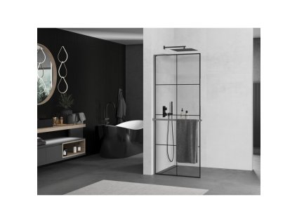 MEXEN/S - Kioto+ L Sprchová zástěna WALK-IN s poličkou a držákem ručníků 90 x 200, černý vzor, grafit metal 800-090-123-95-77