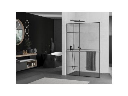 MEXEN/S - Kioto+ L Sprchová zástěna WALK-IN s poličkou a držákem ručníků 90 x 200, černý vzor, grafit metal 800-090-123-95-78