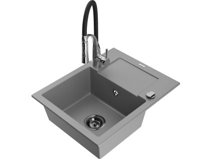 MEXEN/S - Enzo granitový dřez 1 s odkapávačem včetně baterie Aster, šedá 6506-71-73450-07-B