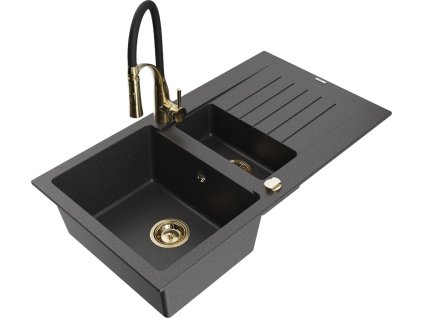 MEXEN/S - Matias granitový dřez 1.5 s odkapávačem včetně baterie Aster, černá kropenatá 6502-76-73450-57-G