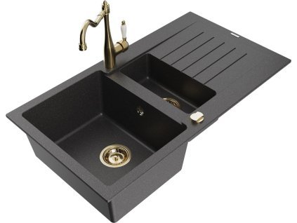 MEXEN/S - Matias granitový dřez 1.5 s odkapávačem včetně baterie Carla, černá kropenatá 6502-76-670700-50