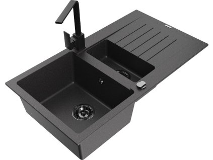 MEXEN/S - Matias granitový dřez 1.5 s odkapávačem včetně baterie Rita, černý kropenatý  6502-76-670300-70-B