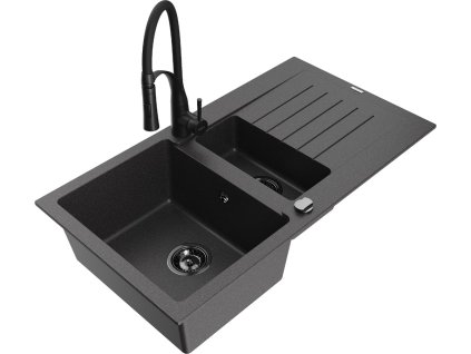 MEXEN/S - Matias granitový dřez 1.5 s odkapávačem včetně baterie Aster, černá kropenatá 6502-76-73450-70-B