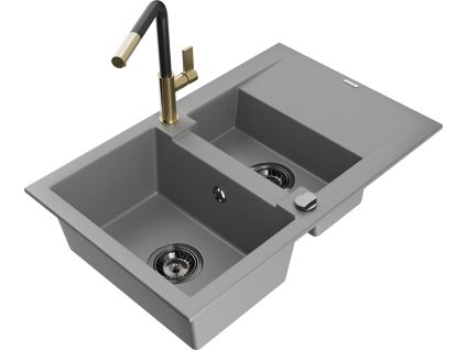 MEXEN/S - Gaspar granitový dřez 1.5 s odkapávačem včetně baterie Flora, šedá 6507-71-670401-57-B