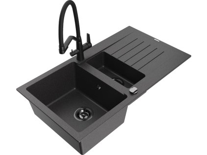 MEXEN/S - Matias granitový dřez 1.5 s odkapávačem včetně baterie Duo, černá kropenatá 6502-76-671701-70-B