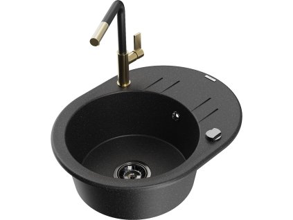 MEXEN/S - Kevin granitový dřez 1-miska s odkapávačem včetně baterie Flora, černá/srebrny metalik 6517-73-670401-57-B