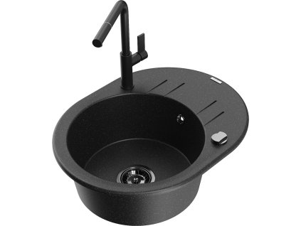 MEXEN/S - Kevin granitový dřez 1-miska s odkapávačem včetně baterie Flora, černá/srebrny metalik 6517-73-670401-70-B