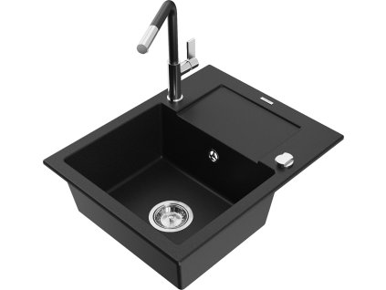 MEXEN/S - Enzo granitový dřez 1-miska s odkapávačem včetně baterie Flora, černá 6506-77-670401-07