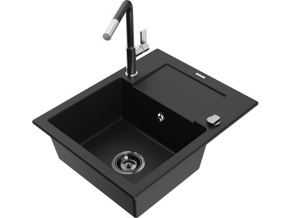 MEXEN/S - Enzo granitový dřez 1-miska s odkapávačem včetně baterie Flora, černá 6506-77-670401-07-B