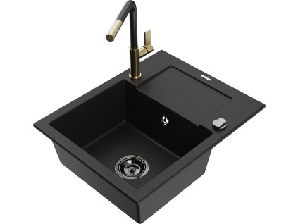 MEXEN/S - Enzo granitový dřez 1-miska s odkapávačem včetně baterie Flora, černá 6506-77-670401-57-B