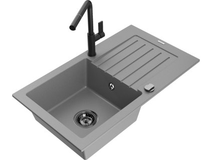 MEXEN/S - Pablo granitový dřez 1 s odkapávačem včetně baterie Flora, šedá 6510-71-670401-70-B