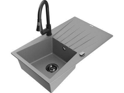 MEXEN/S - Cesar granitový dřez 1 s odkapávačem včetně baterie Elia, šedá 6514-71-670101-70-B