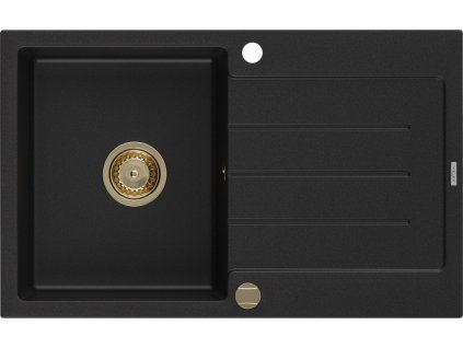 MEXEN/S - Bruno granitový dřez 1-miska s odkapávačem 795 x 495 mm, černý, zlatý sifon 6513791010-77-G