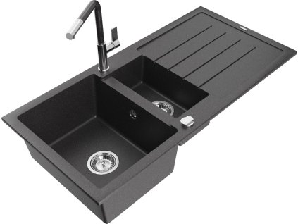 MEXEN/S - Andres granitový dřez s odkapávačem včetně baterie Flora, černá nakrapiany 6515-76-670401-08