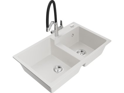 MEXEN/S - Tomas granitový dřez 2-bowly včetně baterie Duo, bílá 6516-20-671701-07