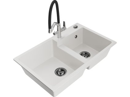 MEXEN/S - Tomas granitový dřez 2-bowly včetně baterie Duo, bílá 6516-20-671701-07-B