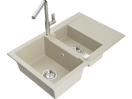 MEXEN/S - Gaspar granitový dřez 1.5 s odkapávačem včetně baterie Flora, béžová 6507-69-670401-00