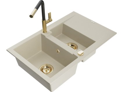 MEXEN/S - Gaspar granitový dřez 1.5 s odkapávačem včetně baterie Flora, béžová 6507-69-670401-57-G