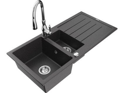 MEXEN/S - Andres granitový dřez s odkapávačem včetně baterie Savita, černá nakrapiany 6515-76-672601-00