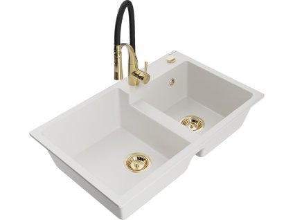 MEXEN/S - Tomas granitový dřez 2-bowl včetně baterie Aster, bílá 6516-20-73450-57-G