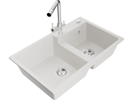 MEXEN/S - Tomas granitový dřez 2-bowl z baterią kuchenną Duero, bílá 6516-20-671600-00