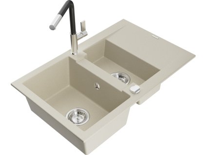 MEXEN/S - Gaspar granitový dřez 1.5 s odkapávačem včetně baterie Flora, béžová 6507-69-670401-07