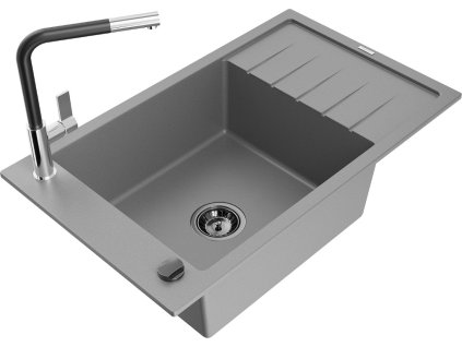 MEXEN/S - Elias granitový dřez 1 s odkapávačem včetně baterie Flora, šedá 6511-71-670401-07-B