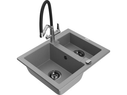 MEXEN/S - Carlos granitový dřez 1.5 včetně baterie Duo, šedá 6518-71-671701-07-B