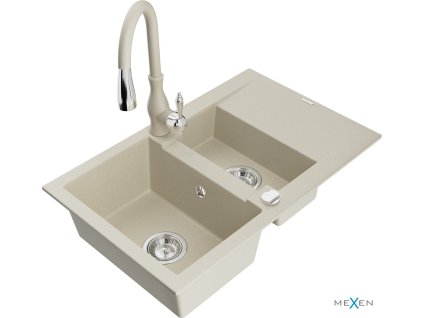 MEXEN/S - Gaspar granitový dřez 1.5 s odkapávačem včetně baterie Savita, béžová 6507-69-672601-69