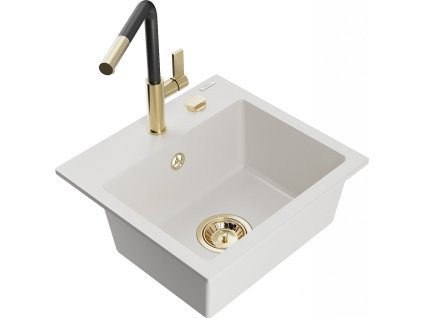 MEXEN/S - Milo granitový dřez 1-miska včetně baterie Flora, bílá 6505-20-670401-57-G