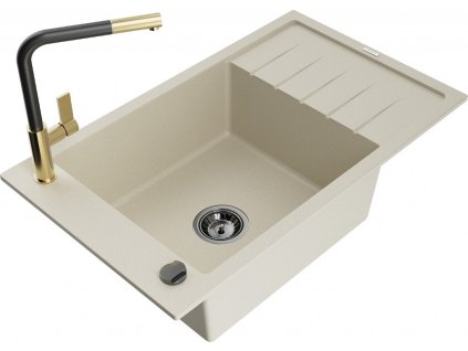 MEXEN/S - Elias granitový dřez 1-miska s odkapávačem včetně baterie Flora, béžový 6511-69-670401-57-B