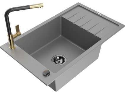 MEXEN/S - Elias granitový dřez 1 s odkapávačem včetně baterie Flora, šedá 6511-71-670401-57-B