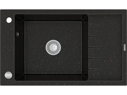 MEXEN - Elias granitový dřez 1 mísa dřez s vypouštěním krátký odkapávač 795x480 mm, černá / kovové zlato 6511791005-75