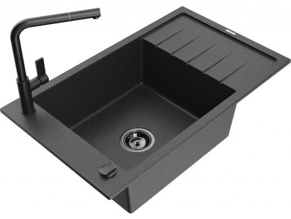 MEXEN/S - Elias granitový dřez 1-miska s odkapávačem včetně baterie Flora, černá kropenatá 6511-76-670401-70-B