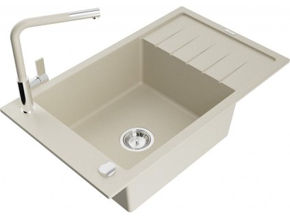 MEXEN/S - Elias granitový dřez 1-miska s odkapávačem včetně baterie Flora, béžový 6511-69-670401-09