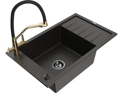 MEXEN/S - Elias granitový dřez s odkapávačem včetně baterie Duo, černá/zlatá metalik 6511-75-671701-57-B