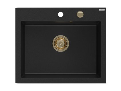 MEXEN/S - Elix granitový dřez 1-miska 600 x 500 mm, černá, sifon zlatá 6525601005-77-G