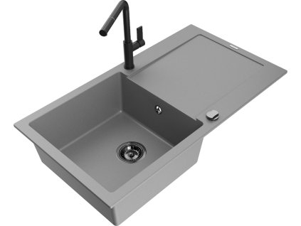 MEXEN/S - Leo granitový dřez 1 s odkapávačem včetně baterie Flora, šedá 6501-71-670401-70-B
