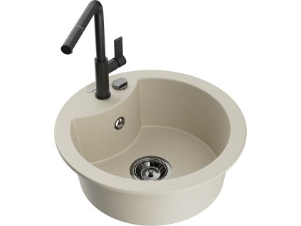 MEXEN/S - Diego granitový dřez 1-miska včetně baterie Flora, béžová 6512-69-670401-70-B