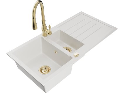 MEXEN/S - Andres granitový dřez s odkapávačem včetně baterie Savita, bílá 6515-20-672601-50