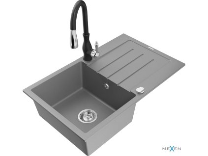 MEXEN/S - Bruno granitový dřez 1 s odkapávačem včetně baterie Savita, šedá 6513-71-672601-70