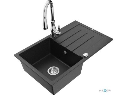 MEXEN/S - Bruno granitový dřez 1 s odkapávačem včetně baterie Savita, černá/stříbrná metalik 6513-73-672601-00