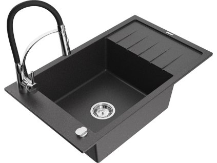 MEXEN/S - Elias granitový dřez 1 s odkapávačem včetně baterie Aster, černá kropenatá 6511-76-73450-07